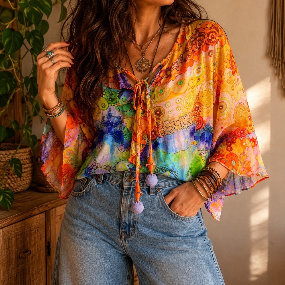 Boho Multicolor Printed Tie-Front Blouse